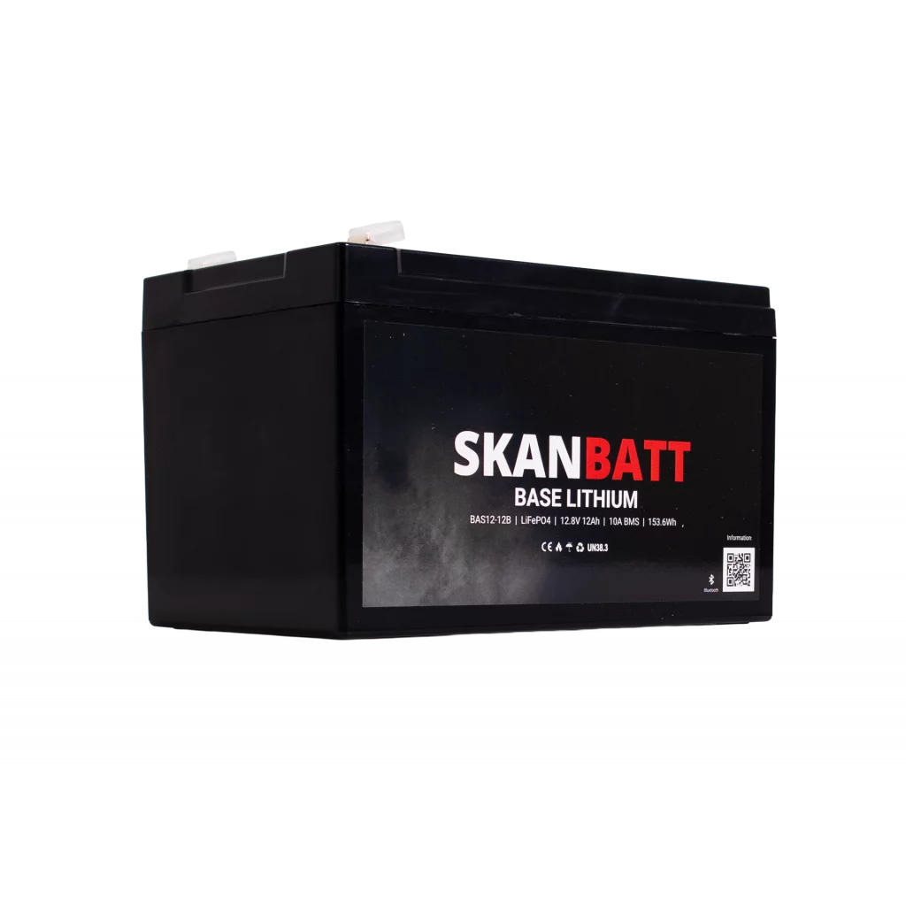 SKANBATT Base Lithium - 12V 12Ah 10A BMS - 151x98x96mm - Bluetooth - 3 Års garanti