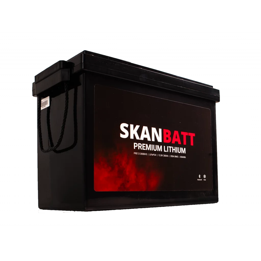 SKANBATT Premium Lithium - 12V 280Ah 200A BMS - 384x204x268mm - Bluetooth - Heat - 8 Års garanti