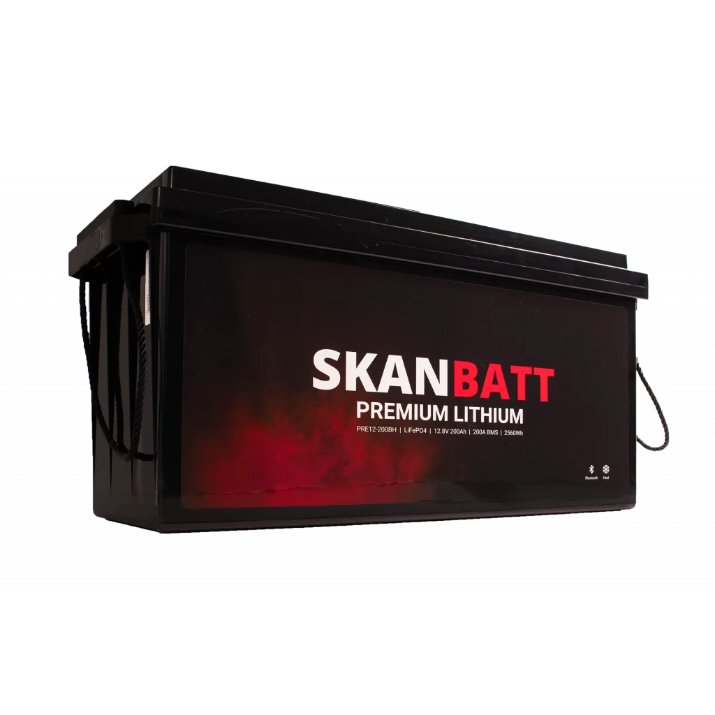 SKANBATT Premium Lithium - 12V 200Ah 200A BMS - 502x187x242mm - Bluetooth - Heat - 8 Års garanti