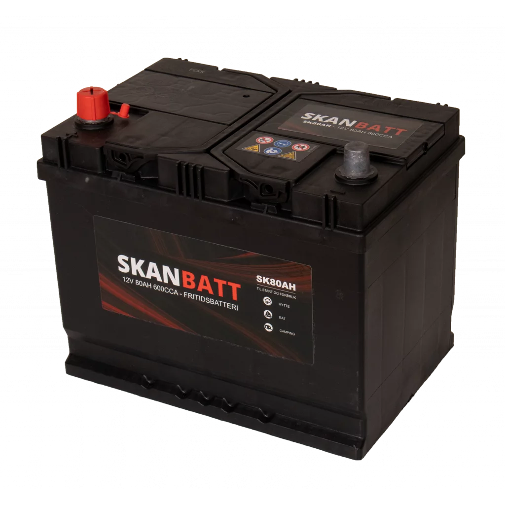 SKANBATT Fritidsbatteri 12V 80AH 600CCA (256x174x205/225mm) +venstre