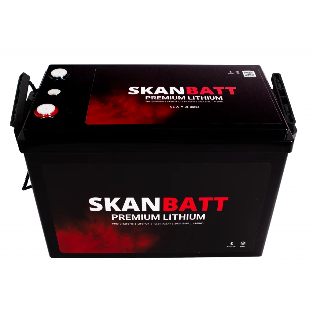 SKANBATT Premium Lithium - 12V 325Ah 200A BMS - 345x190x245mm - Bluetooth - Heat - 8 Års garanti