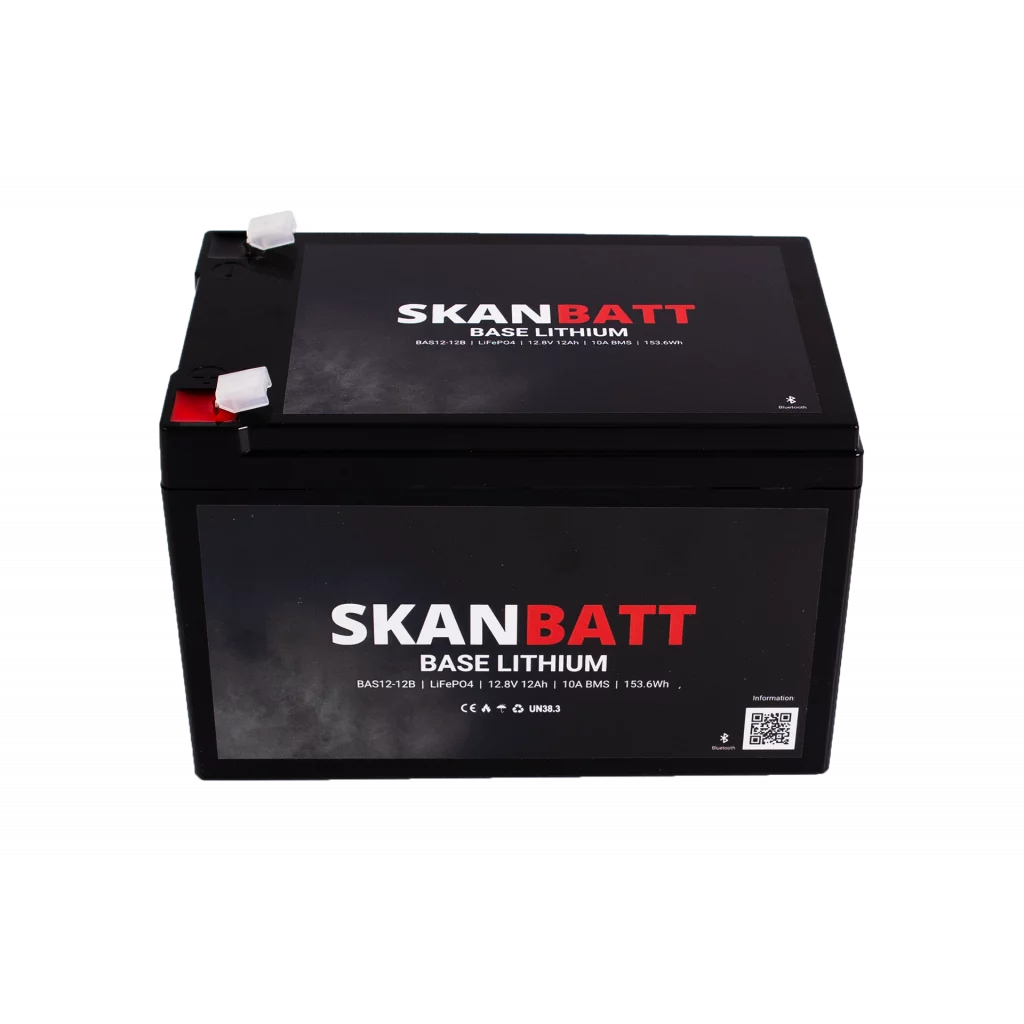 SKANBATT Base Lithium - 12V 12Ah 10A BMS - 151x98x96mm - Bluetooth - 3 Års garanti