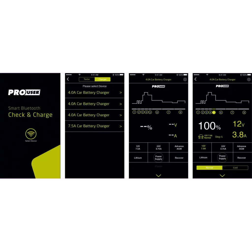 PROUSER Elektronisk Batterilader 6V/12V 4A m/ Bluetooth