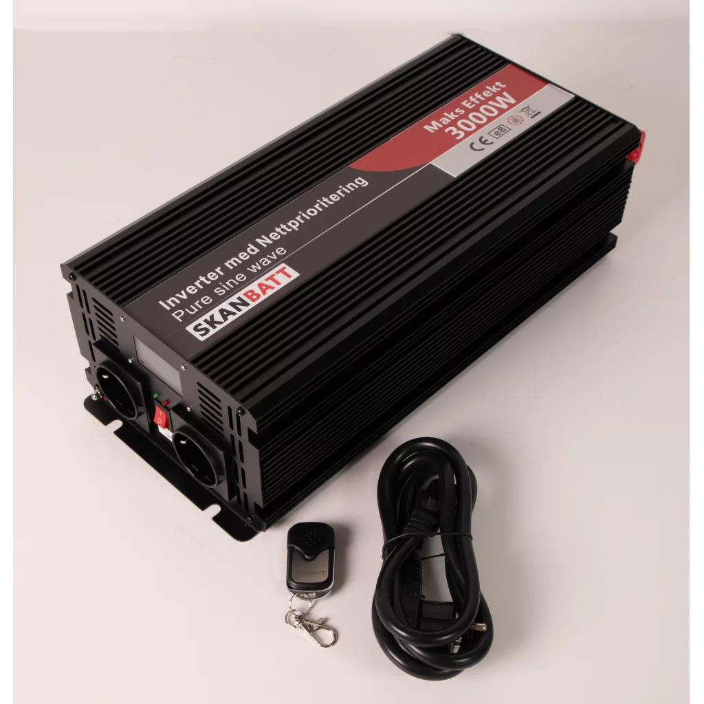 SKANBATT Inverter 12V 3000W Ren Sinus med Nettprioritering, Trådløs Fjernkontroll