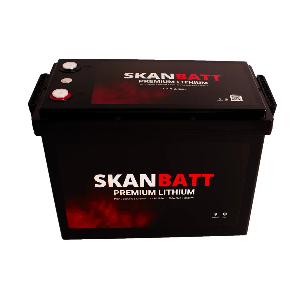 SKANBATT Premium Lithium - 12V 280Ah 200A BMS - 384x204x268mm - Bluetooth - Heat - 8 Års garanti