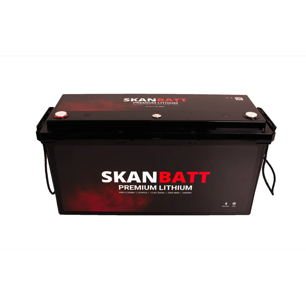 SKANBATT Premium Lithium - 12V 200Ah 200A BMS - 502x187x242mm - Bluetooth - Heat - 8 Års garanti