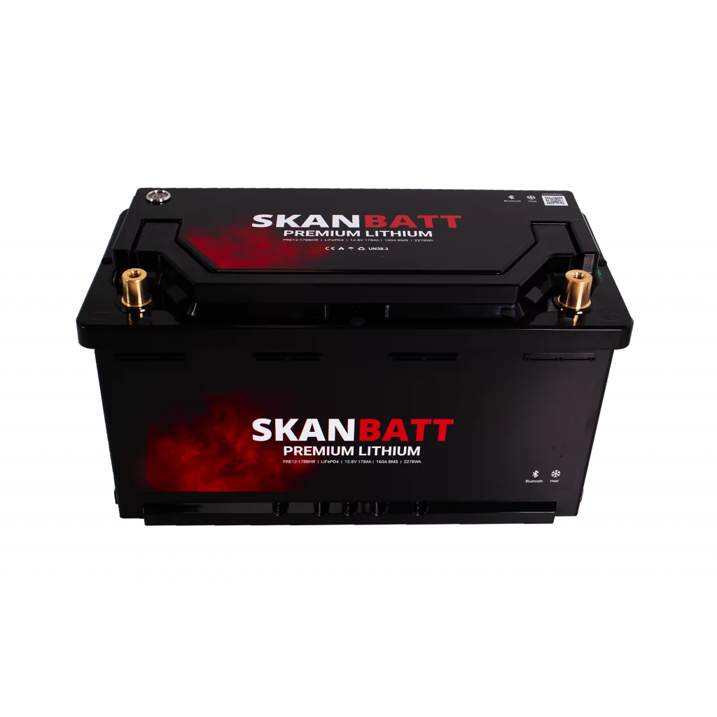 SKANBATT Premium Lithium - 12V 178Ah 160A BMS - 354x176x187mm - Bluetooth - Heat - 8 Års garanti