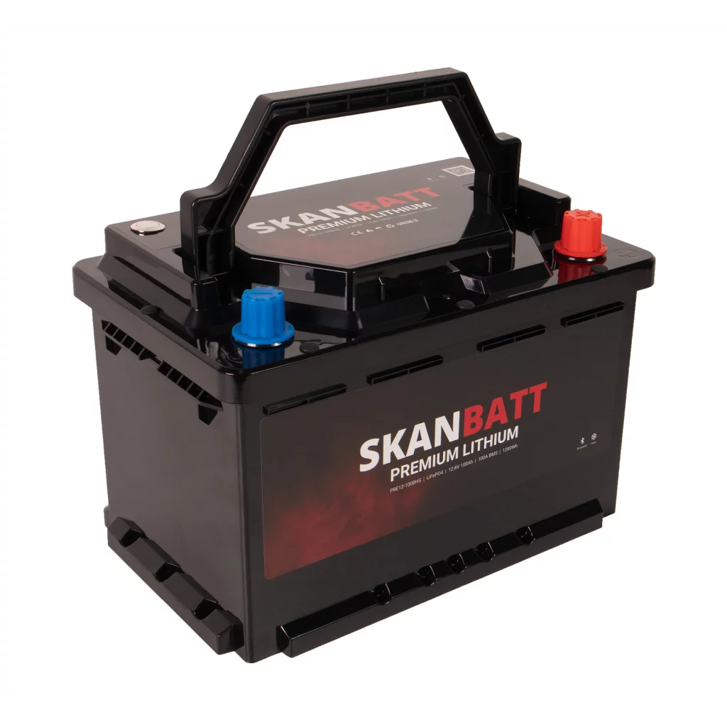 SKANBATT Premium Lithium - 12V 100Ah 100A BMS - 280x178x188mm - Bluetooth - Heat - 8 Års garanti