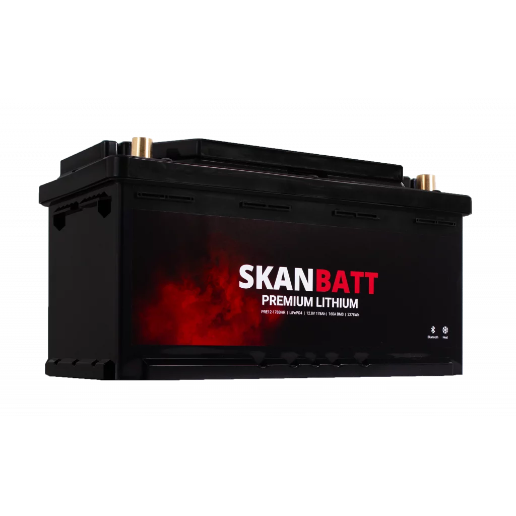 SKANBATT Premium Lithium - 12V 178Ah 160A BMS - 354x176x187mm - Bluetooth - Heat - 8 Års garanti