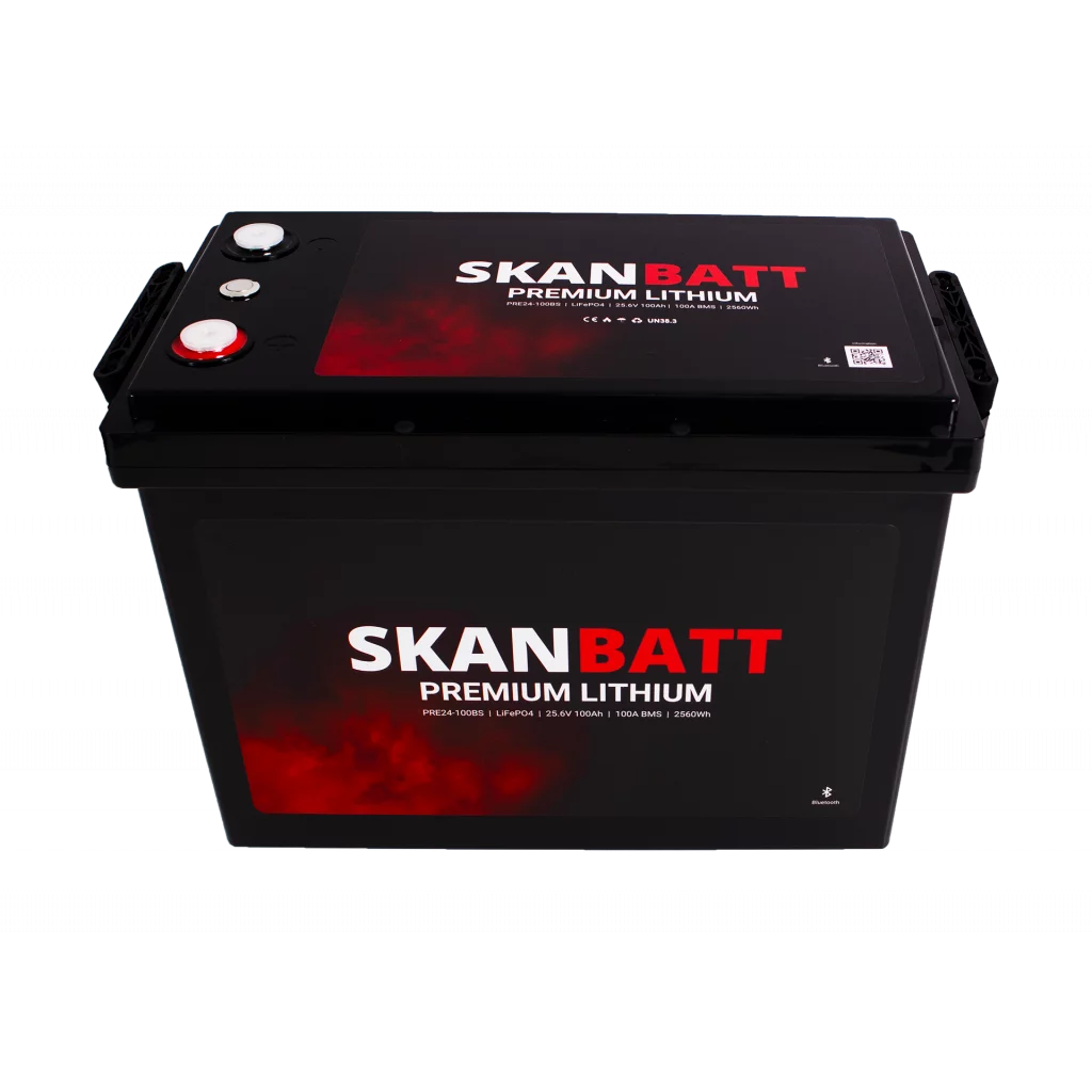 SKANBATT Premium Lithium - 24V 100Ah 100A BMS - 384x204x268mm - Bluetooth - 8 Års garanti