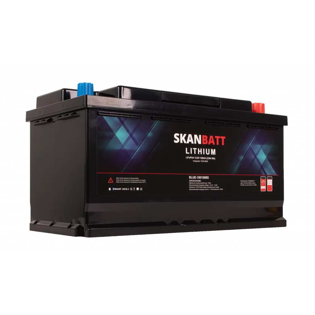 SKANBATT Lithium Batteri 12V 180Ah 150A BMS - Bluetooth - Bobil - 355x176x190mm