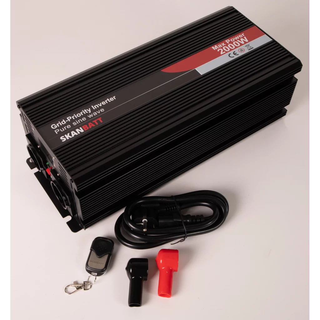 SKANBATT Inverter 12V 2000W Ren Sinus med Nettprioritering og Trådløs Fjernkontroll 420x165x120mm