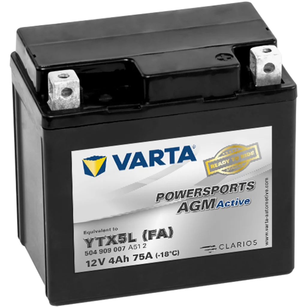 VARTA AGM MC Batteri 12V 4AH 75CCA (113x70x105mm) +høyre YTX5L (FA)
