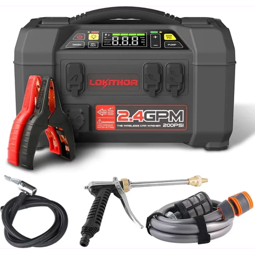 LOKITHOR Lithium Startbooster 12V 2500A med 150 PSI Luftkompressor og 1.5 MPA bærbart høytrykkspylersett
