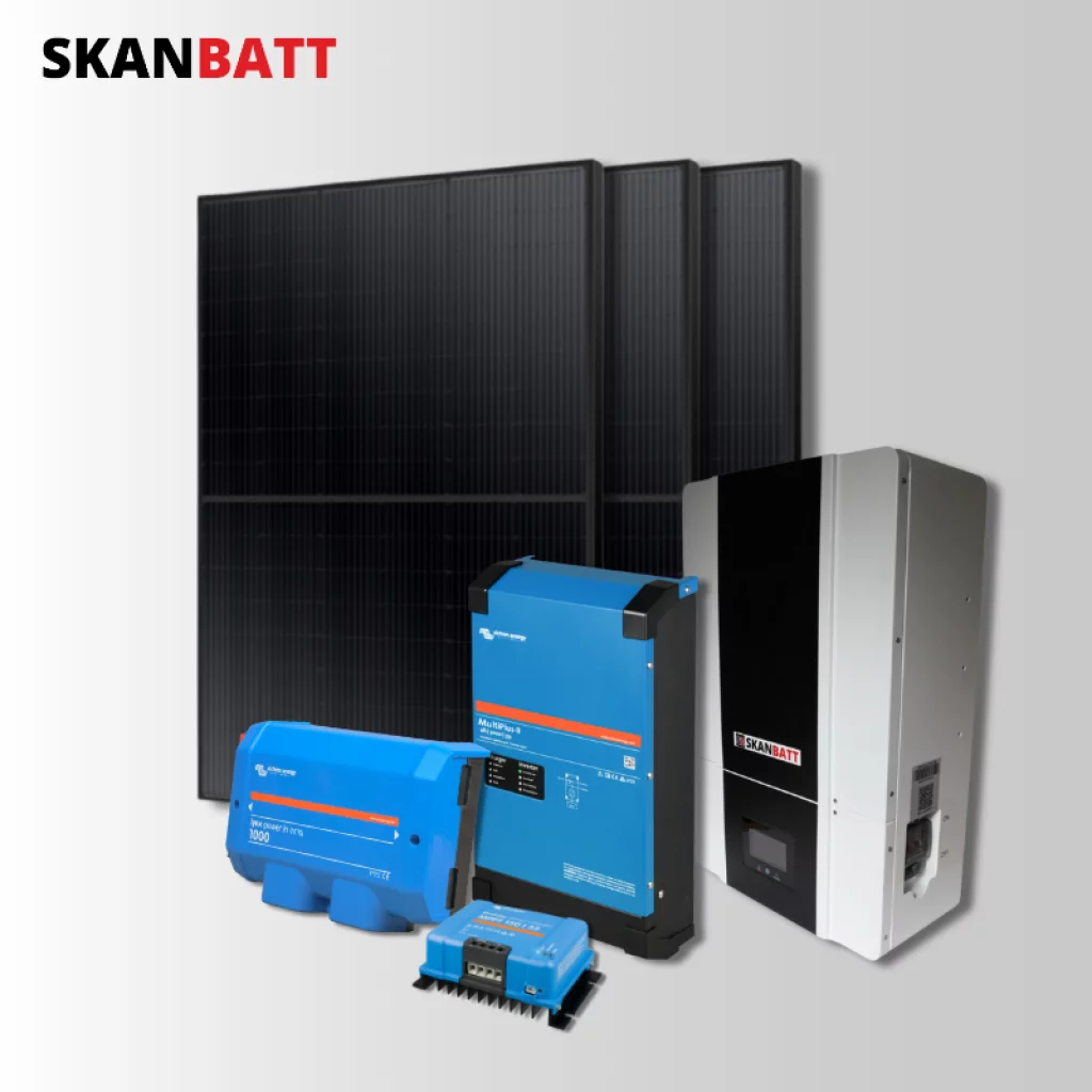SKANBATT Kraftpakke 48V / 6kWh Lithium m/ Heat / 3000VA inverter / 35A Lader / 1230W (3x410W) Rammepanel